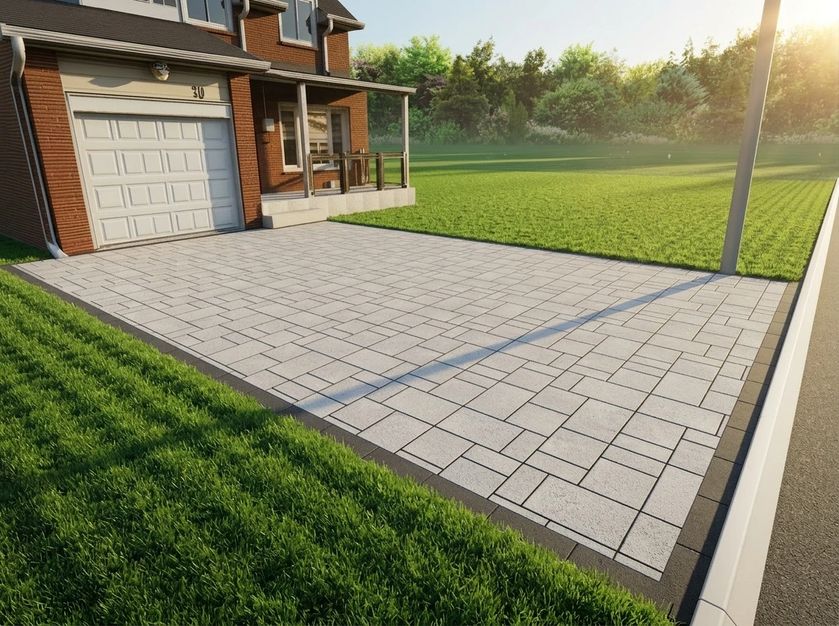 Render of the interlock driveway with contrasting border banding at 51 Royal Palm