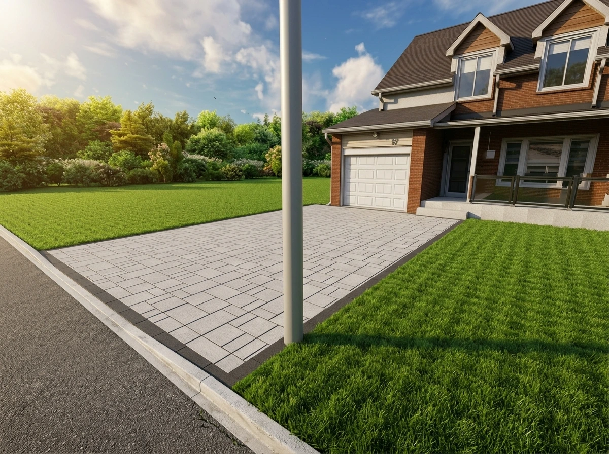 Angled street-view render of the new interlock driveway field and banding at 51 Royal Palm