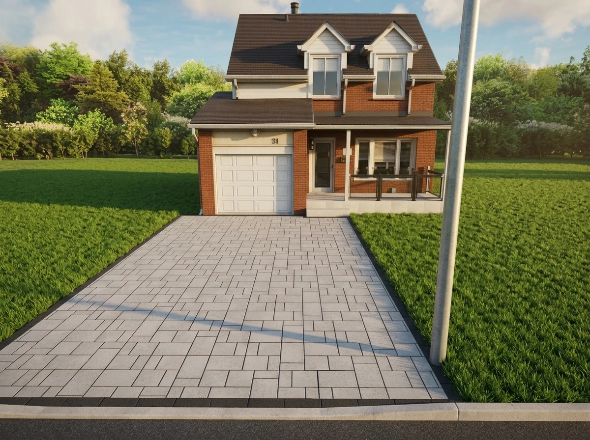 Render of the finished interlock driveway and porcelain porch at 51 Royal Palm