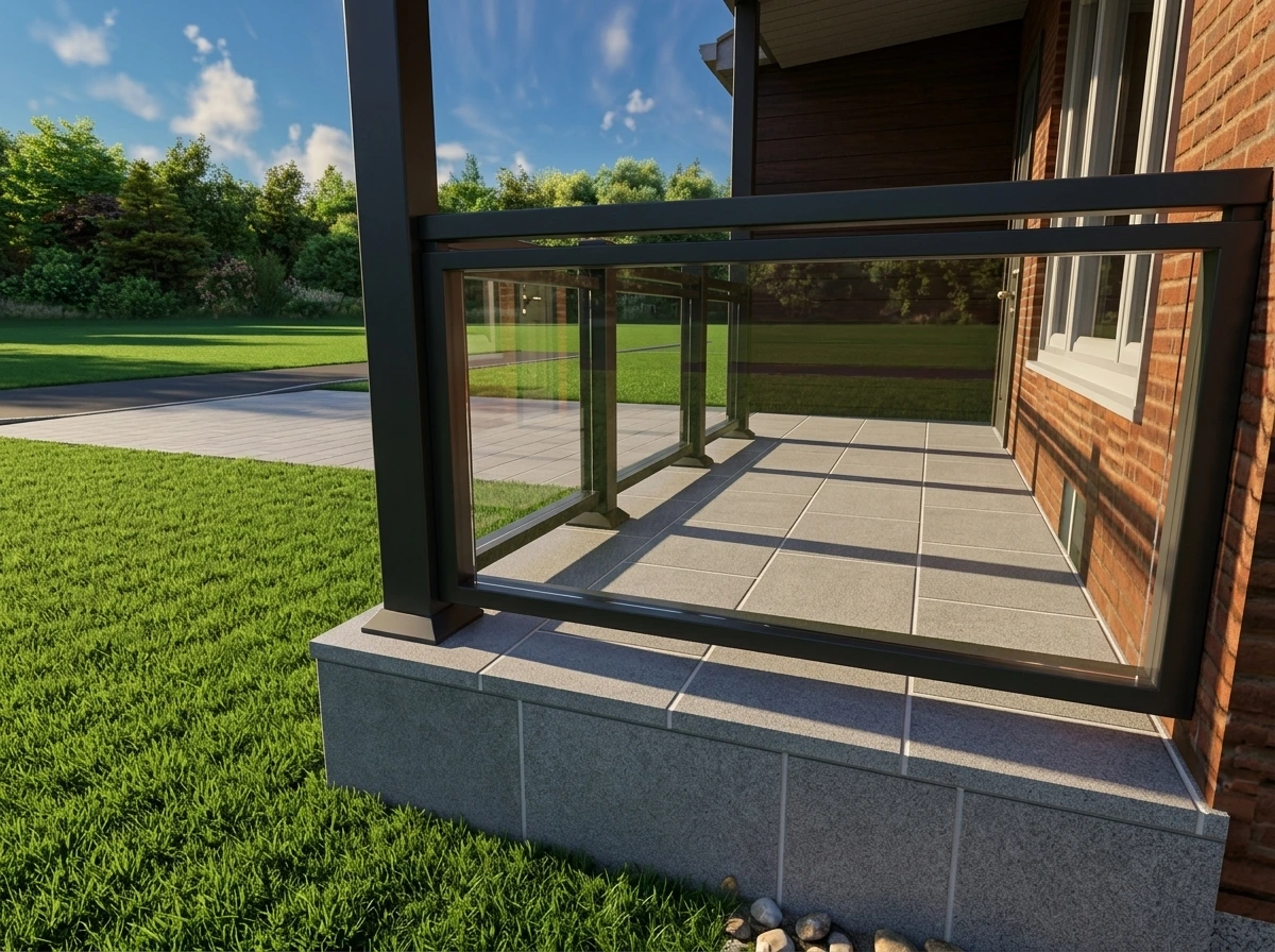 Render of the porcelain porch with glass railing at 51 Royal Palm